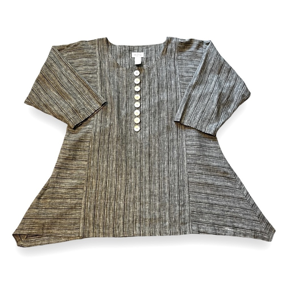 Mosaic USA Linen Tunic Top Lagenlook Flowy Striped Popover MOP Buttons Small